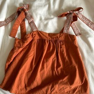 Anthropologie Embroidered Tie Strap Linen Blend Top - Burnt Orange